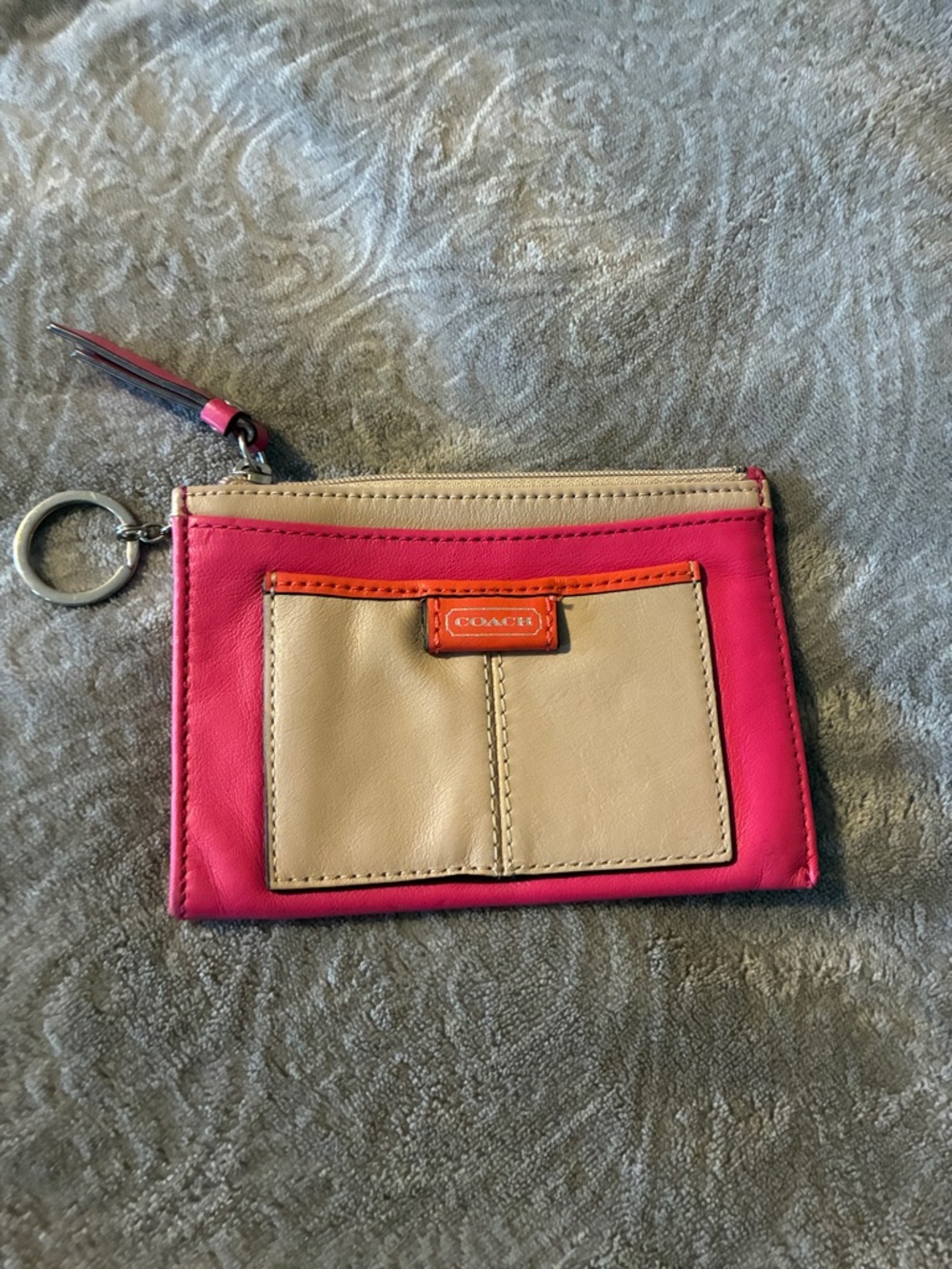 Coach Pink and Tan Daisy Spectator Leather Card ID Case with Orange Trim